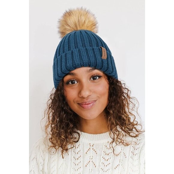 Women\'s Blue Winter Beanie Hat Satin Lined Faux Fur Pom Pom Beanies Hat